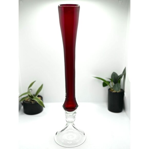 Tall Elegant Red & Clear Glass Vase For Home Decor Or Floral Arrangements - Picture 4 of 8